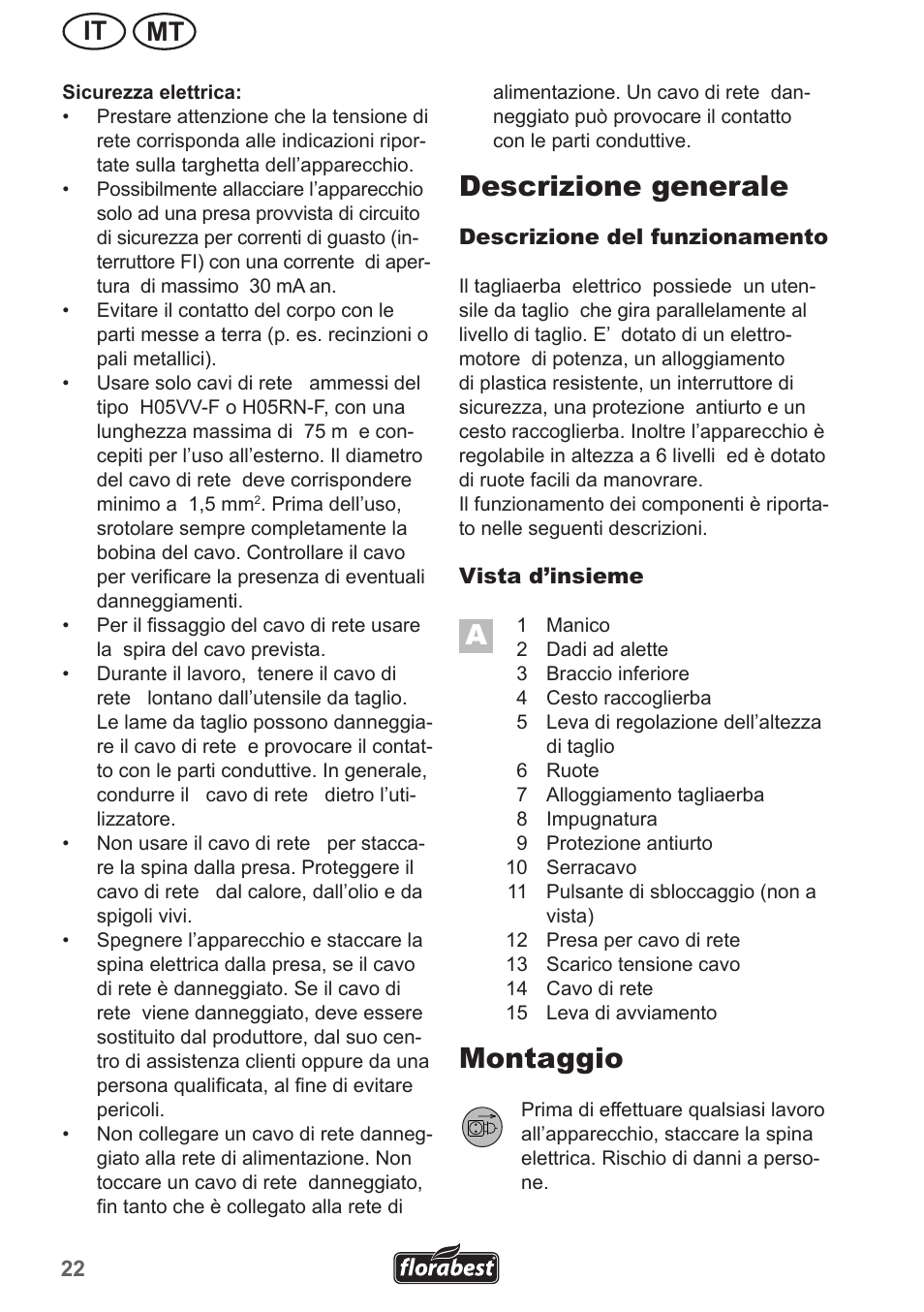 Descrizione generale, Montaggio, Mt it | Florabest FRM 1800 A1 User Manual | Page 22 / 66
