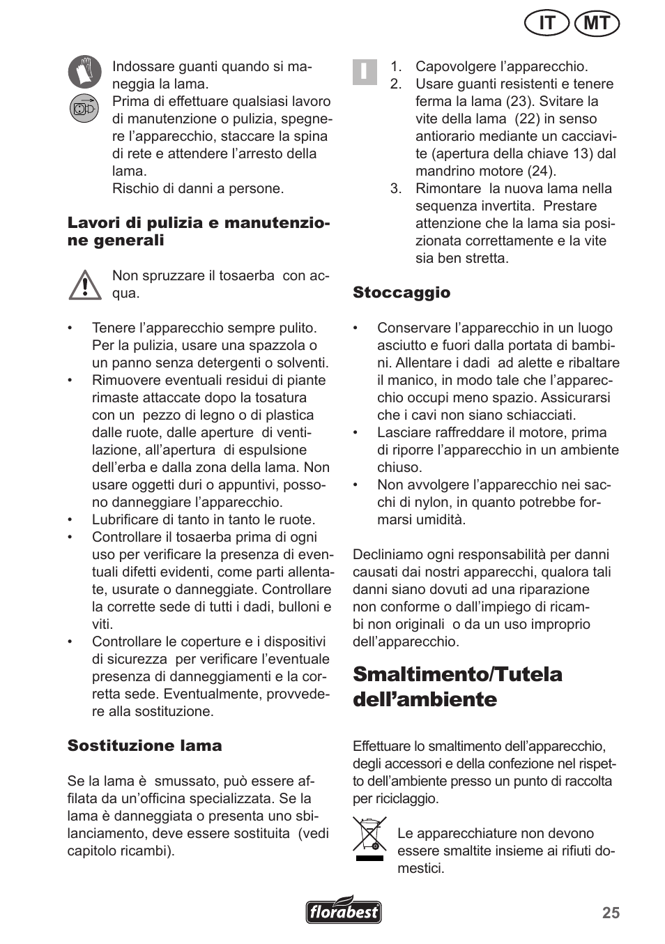 Smaltimento/tutela dell’ambiente, Mt it | Florabest FRM 1800 A1 User Manual | Page 25 / 66