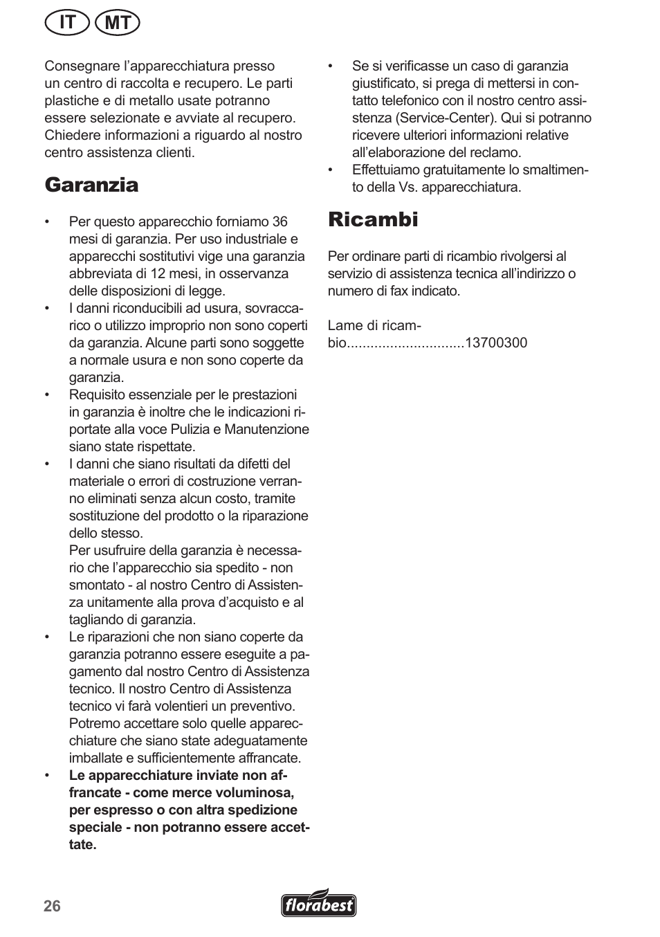 Ricambi, Garanzia, Mt it | Florabest FRM 1800 A1 User Manual | Page 26 / 66