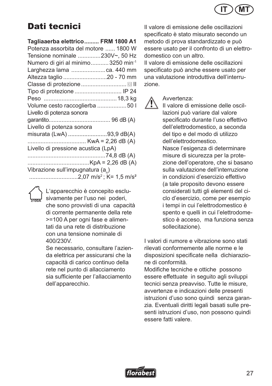 Dati tecnici, Mt it | Florabest FRM 1800 A1 User Manual | Page 27 / 66