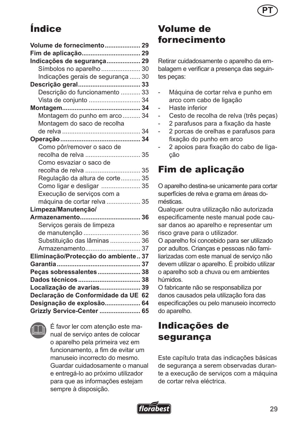 Volume de fornecimento, Fim de aplicação, Indicações de segurança | Índice | Florabest FRM 1800 A1 User Manual | Page 29 / 66