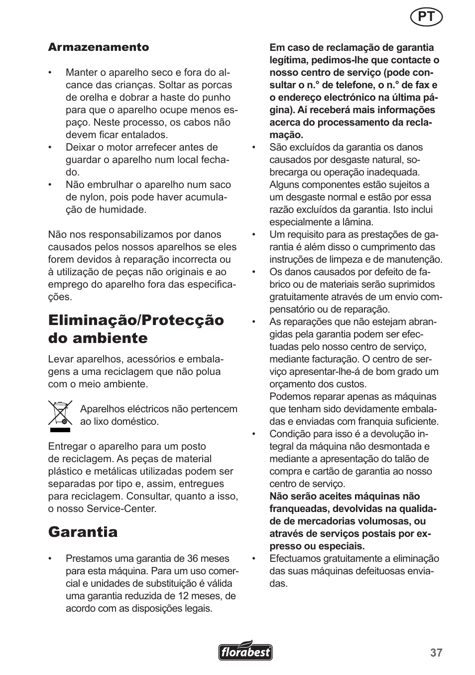 Eliminação/protecção do ambiente, Garantia | Florabest FRM 1800 A1 User Manual | Page 37 / 66