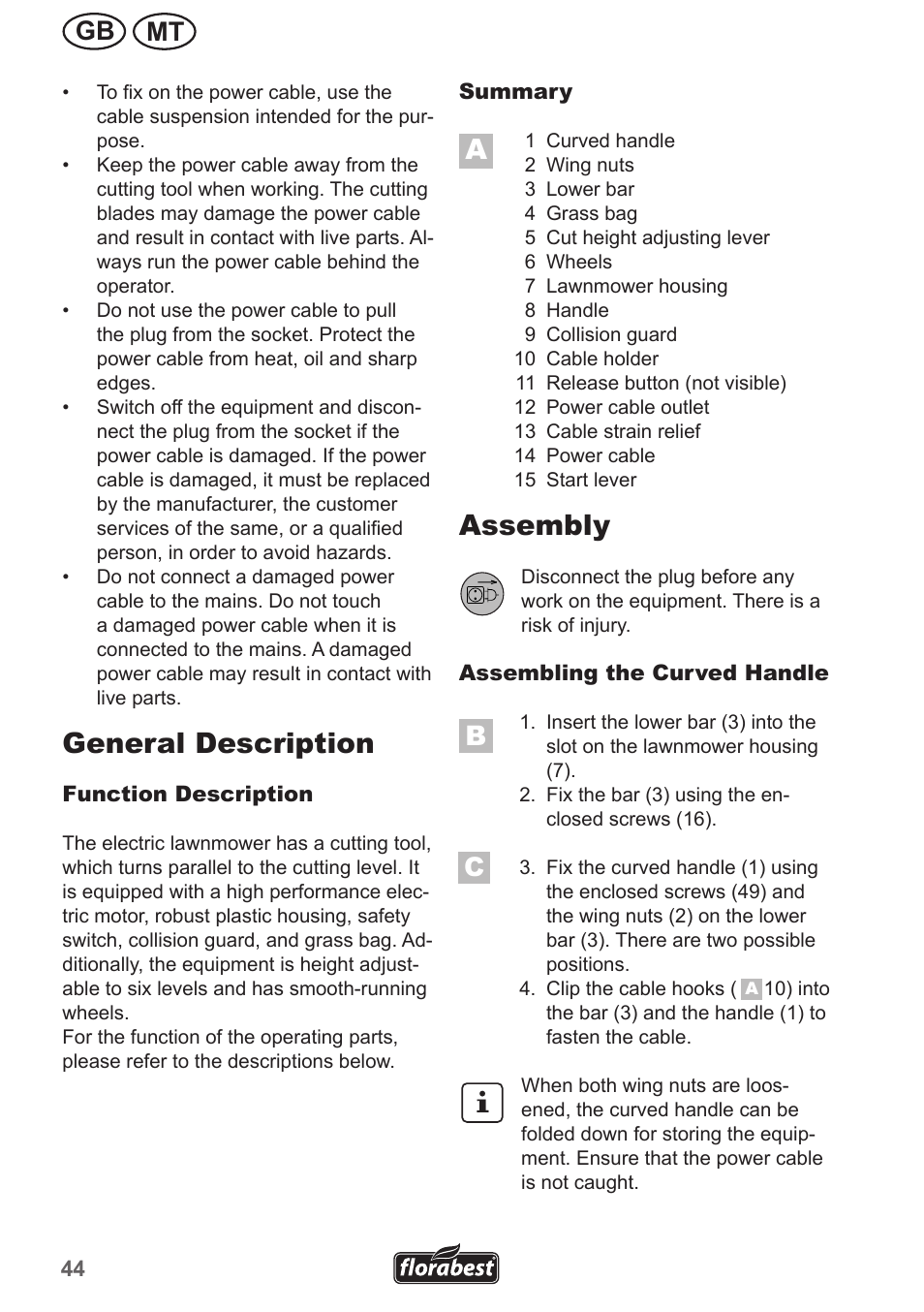 General description, Assembly, Mt gb | Florabest FRM 1800 A1 User Manual | Page 44 / 66