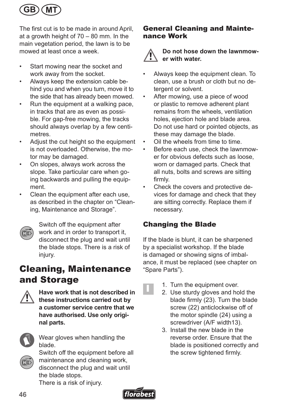 Cleaning, maintenance and storage, Mt gb | Florabest FRM 1800 A1 User Manual | Page 46 / 66