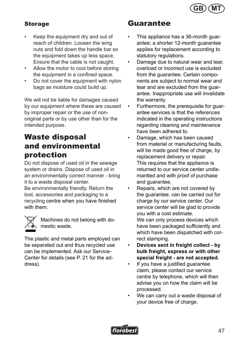 Waste disposal and environmental protection, Guarantee, Mt gb | Florabest FRM 1800 A1 User Manual | Page 47 / 66
