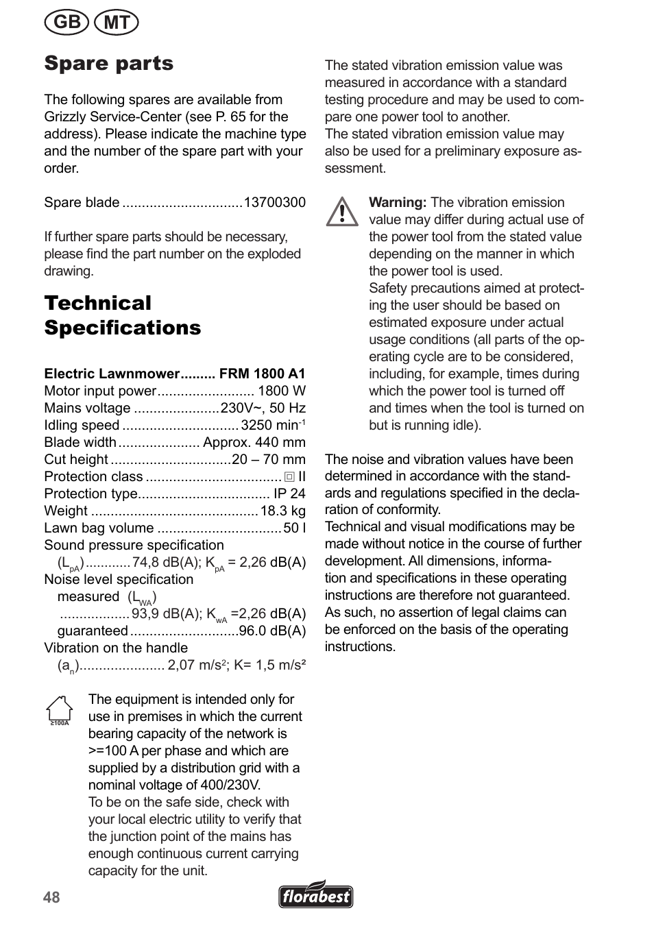 Spare parts, Technical specifications, Mt gb | Florabest FRM 1800 A1 User Manual | Page 48 / 66