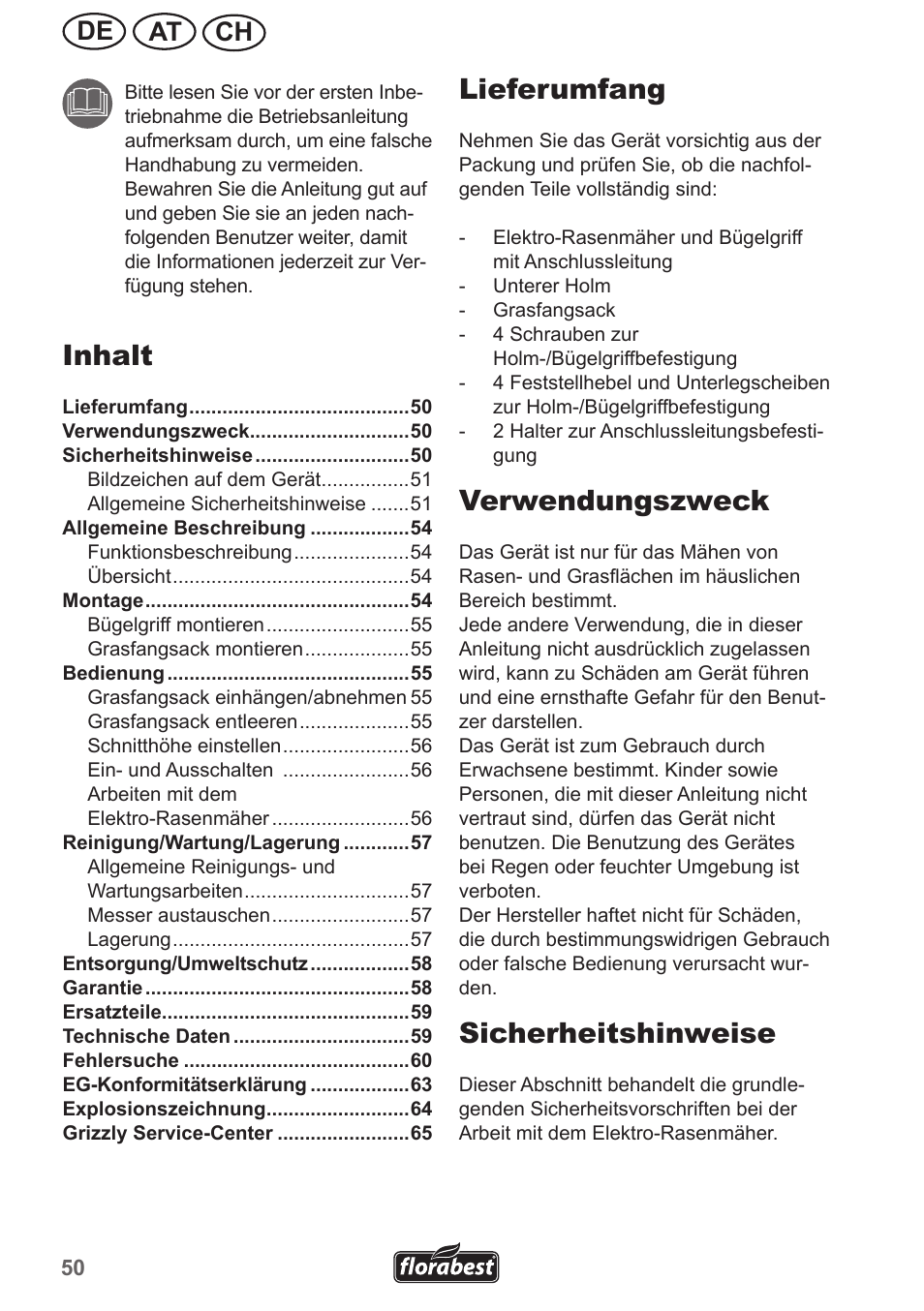 Lieferumfang, Verwendungszweck, Sicherheitshinweise | Inhalt, Ch at de | Florabest FRM 1800 A1 User Manual | Page 50 / 66