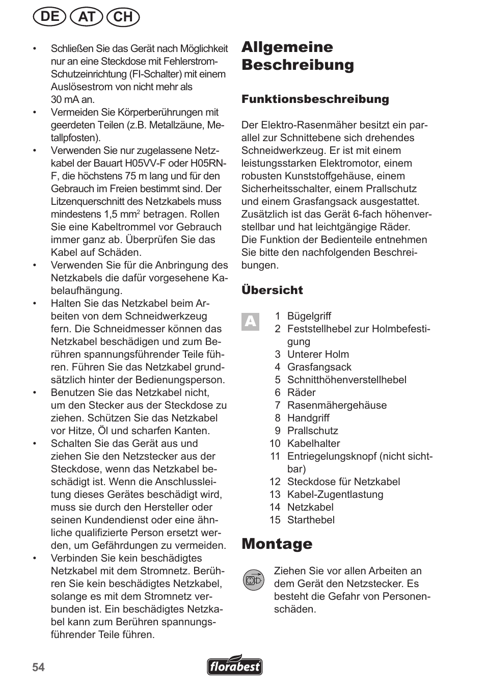 Allgemeine beschreibung, Montage, Ch at de | Florabest FRM 1800 A1 User Manual | Page 54 / 66