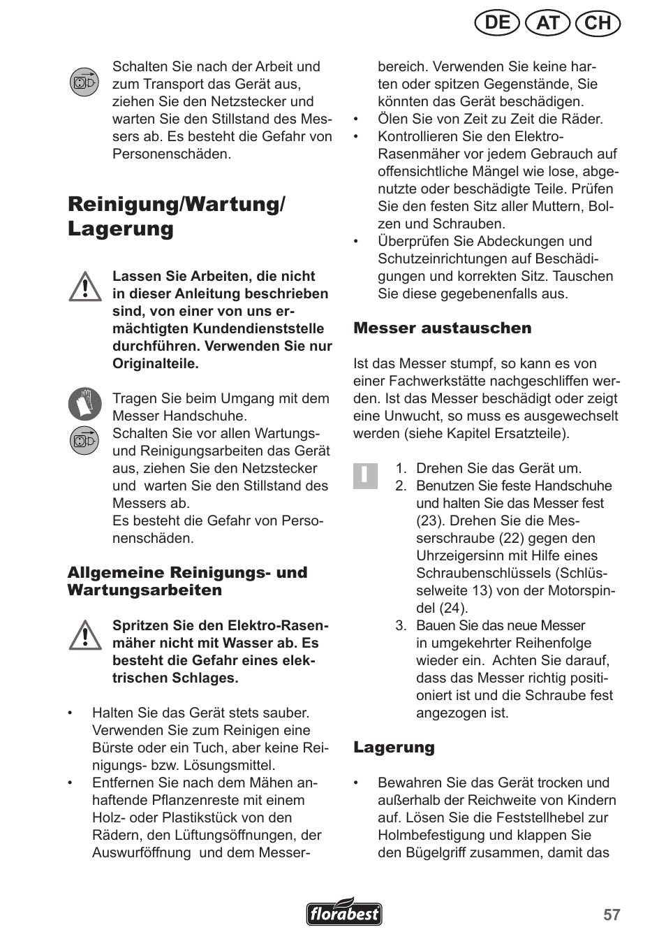 Reinigung/wartung/ lagerung, Ch at de | Florabest FRM 1800 A1 User Manual | Page 57 / 66