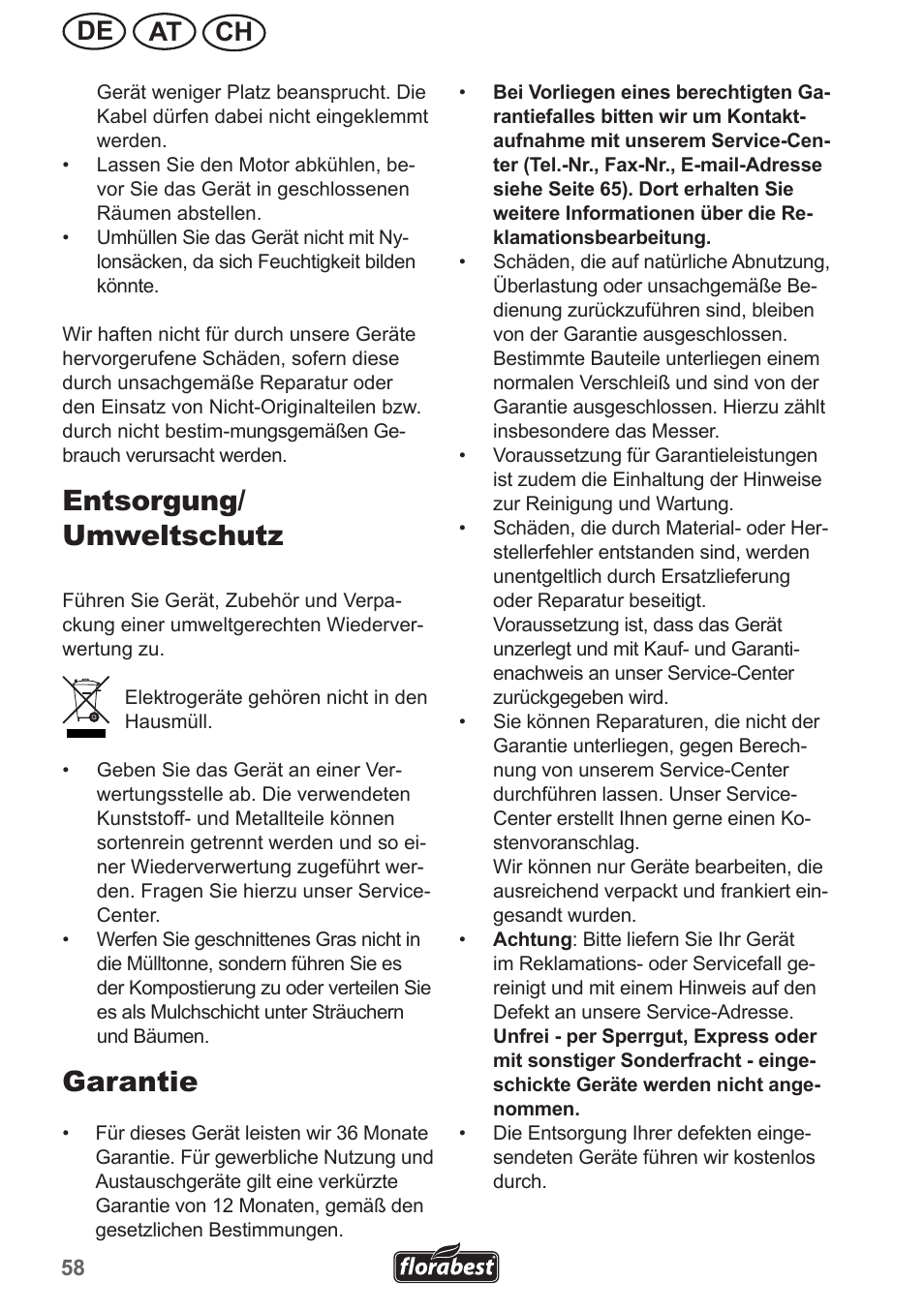 Entsorgung/ umweltschutz, Garantie, Ch at de | Florabest FRM 1800 A1 User Manual | Page 58 / 66