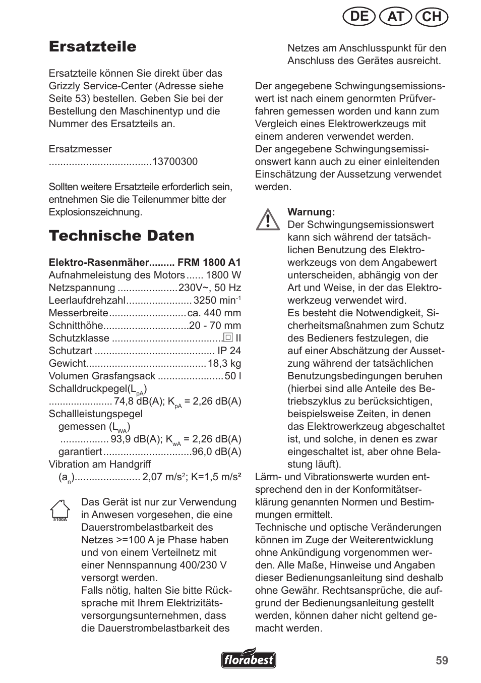 Ersatzteile, Technische daten, Ch at de | Florabest FRM 1800 A1 User Manual | Page 59 / 66