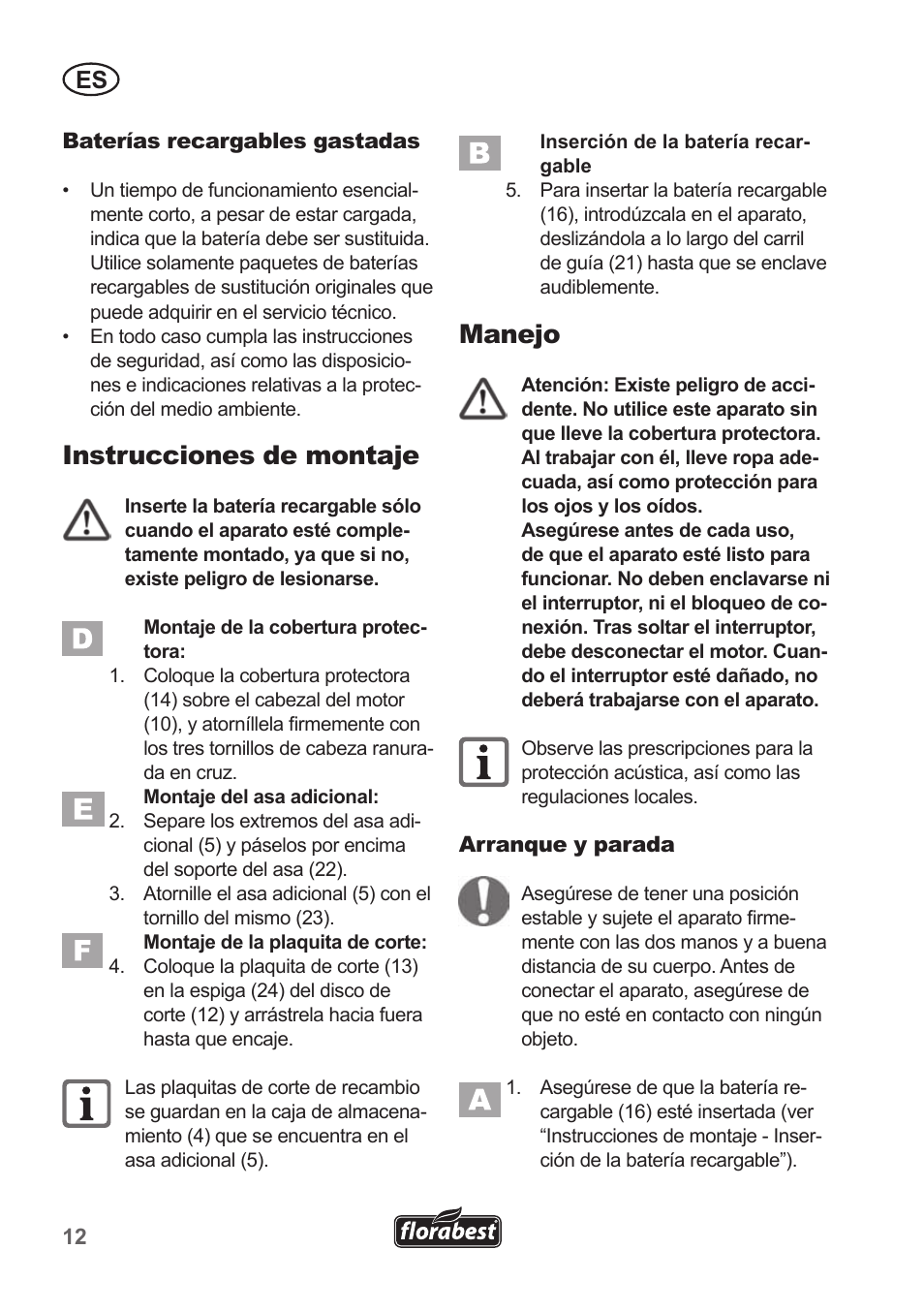 Instrucciones de montaje, Manejo | Florabest FRT 18 A1 User Manual | Page 12 / 78