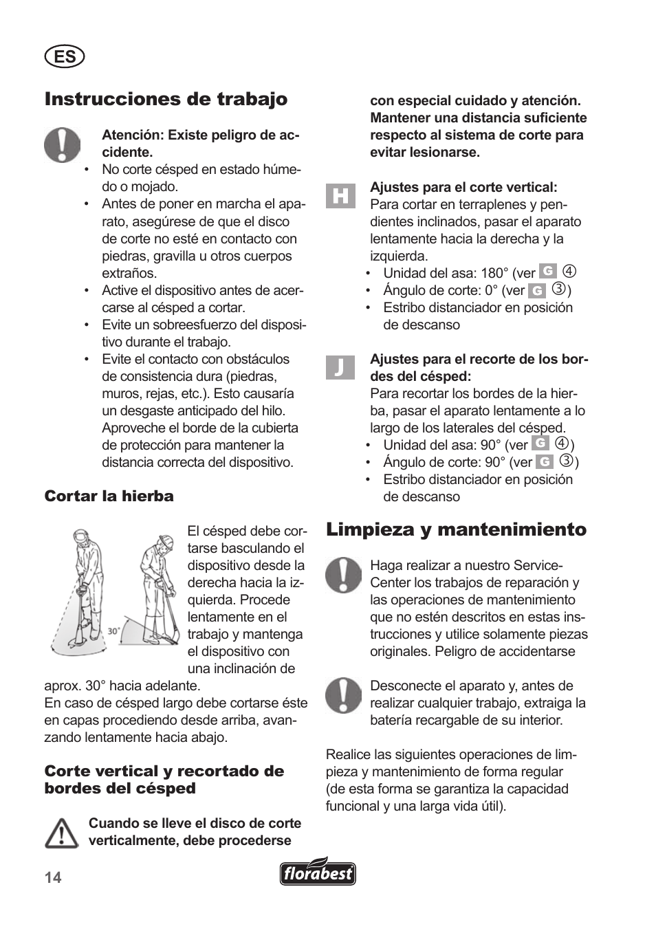 Instrucciones de trabajo, Limpieza y mantenimiento | Florabest FRT 18 A1 User Manual | Page 14 / 78