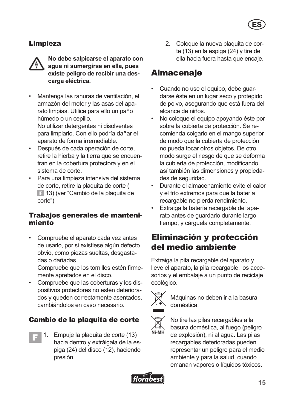 Almacenaje, Eliminación y protección del medio ambiente | Florabest FRT 18 A1 User Manual | Page 15 / 78