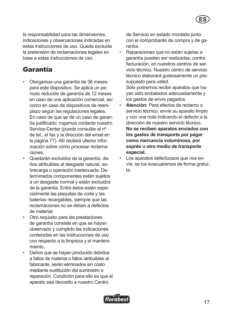 Garantía | Florabest FRT 18 A1 User Manual | Page 17 / 78