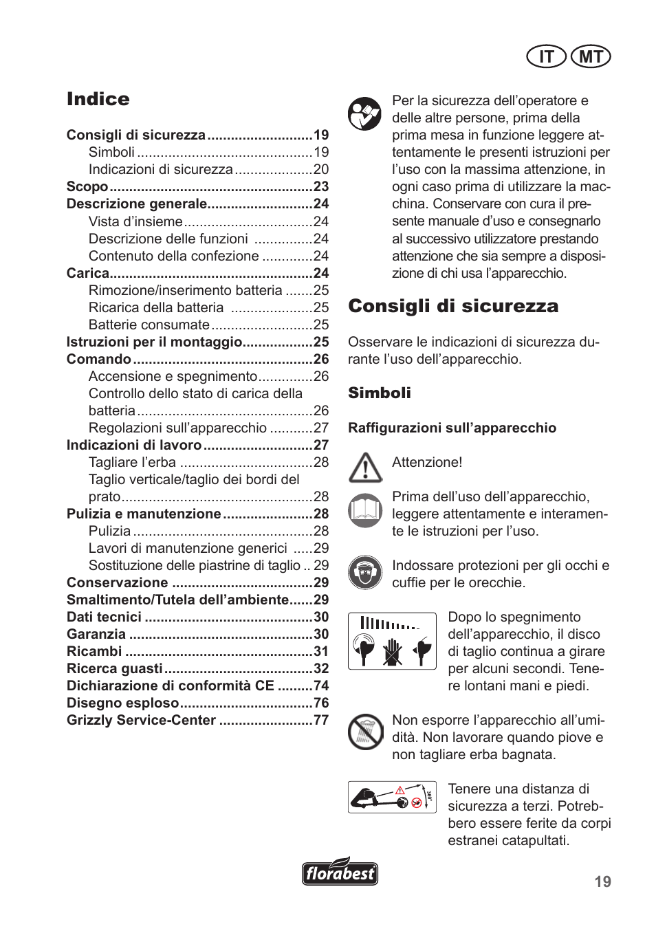 Indice, Consigli di sicurezza, It mt | Florabest FRT 18 A1 User Manual | Page 19 / 78
