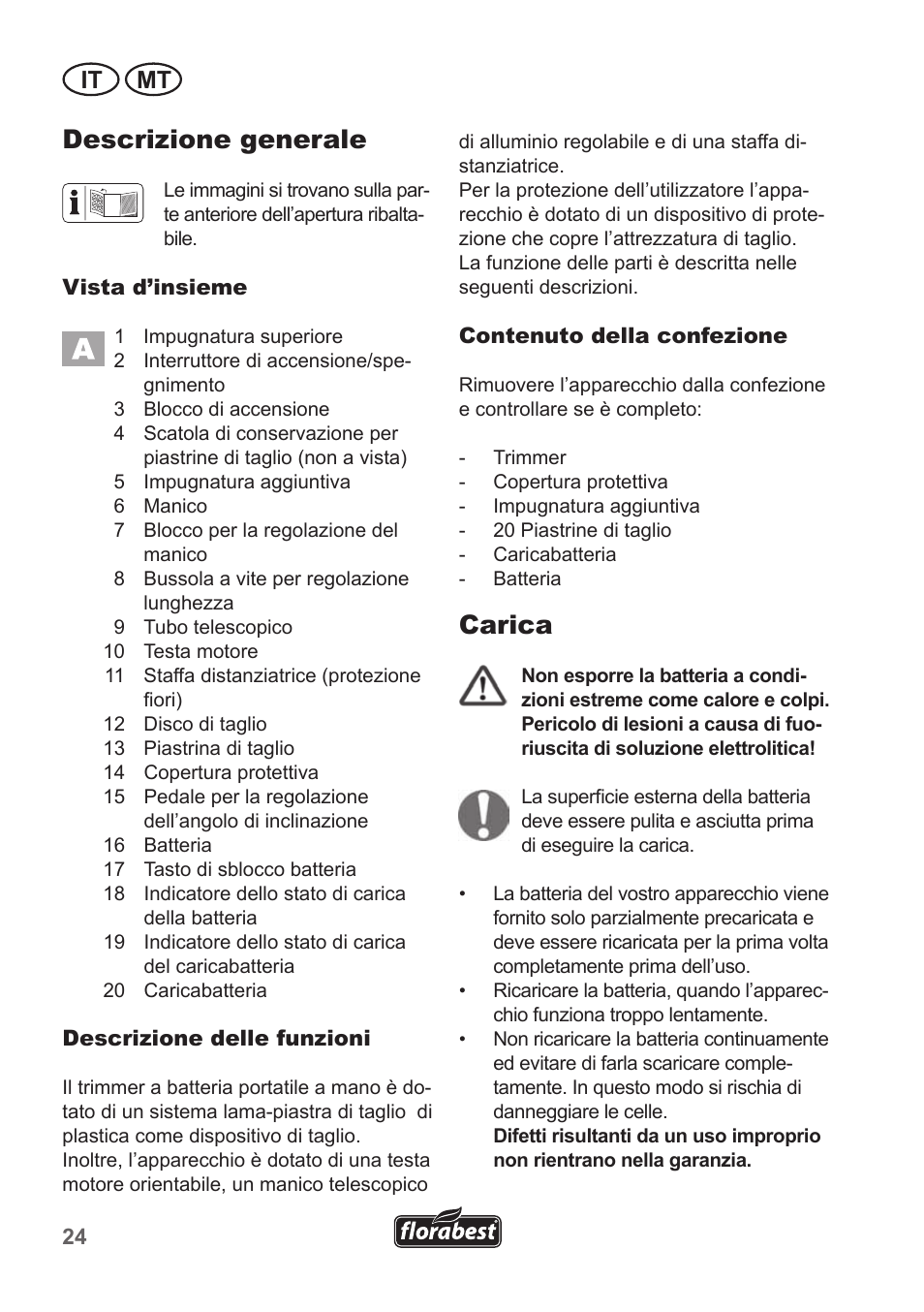 Descrizione generale, Carica, It mt | Florabest FRT 18 A1 User Manual | Page 24 / 78