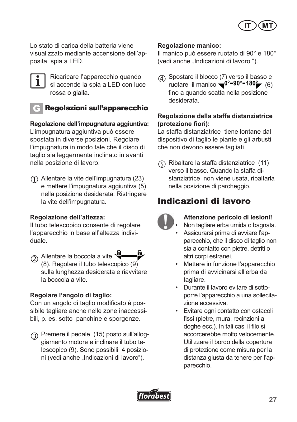 Indicazioni di lavoro, It mt | Florabest FRT 18 A1 User Manual | Page 27 / 78