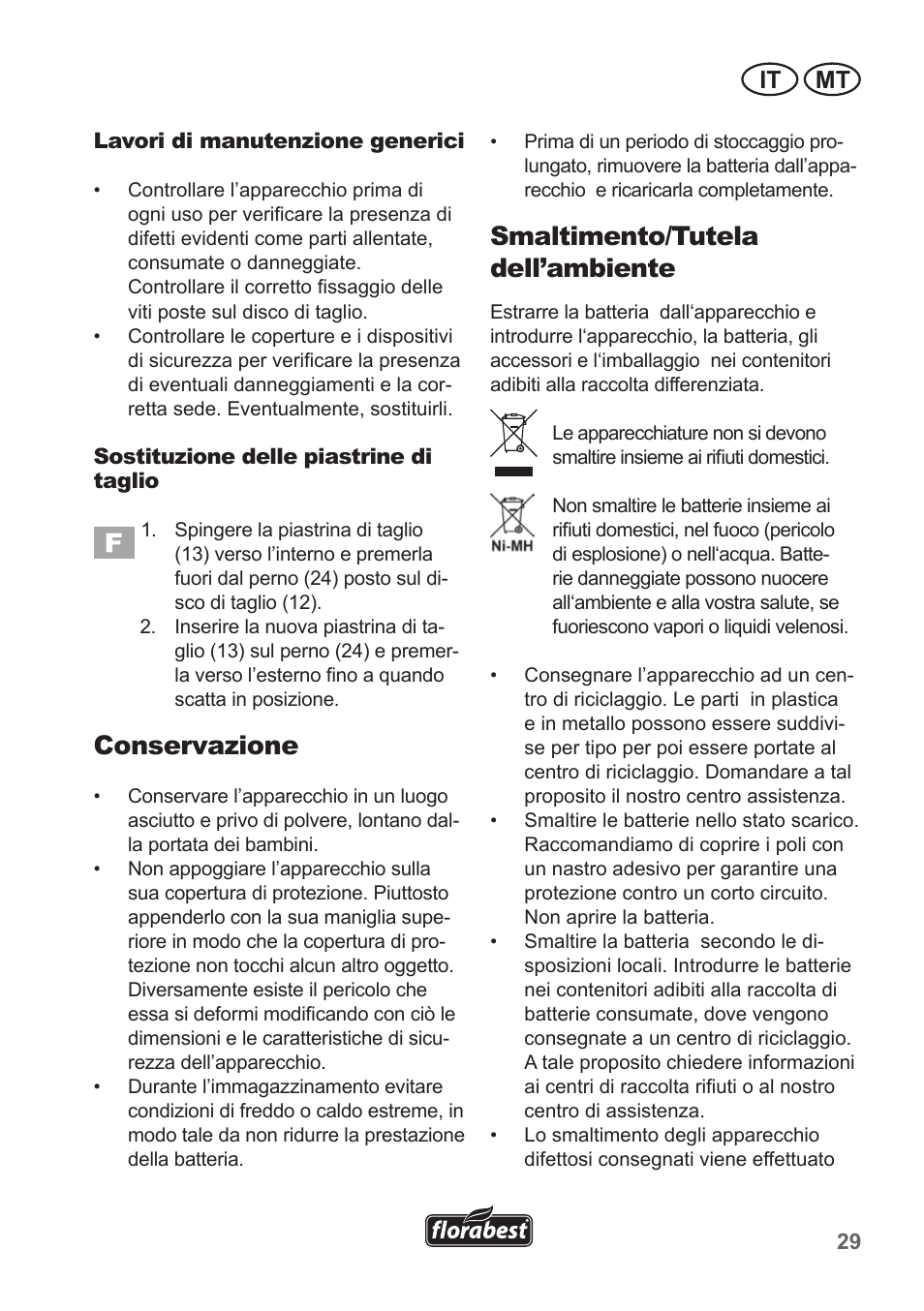 Conservazione, Smaltimento/tutela dell’ambiente, It mt | Florabest FRT 18 A1 User Manual | Page 29 / 78