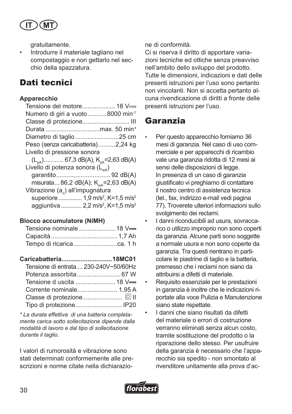 Dati tecnici, Garanzia, It mt | Florabest FRT 18 A1 User Manual | Page 30 / 78