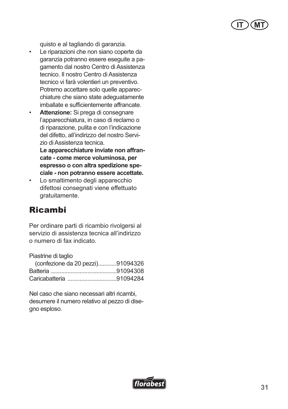 Ricambi, It mt | Florabest FRT 18 A1 User Manual | Page 31 / 78