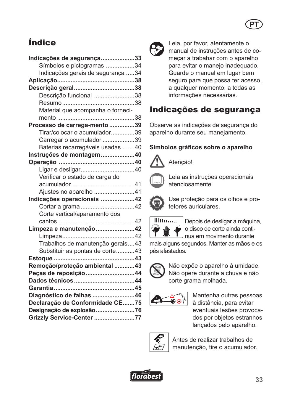 Índice, Indicações de segurança | Florabest FRT 18 A1 User Manual | Page 33 / 78