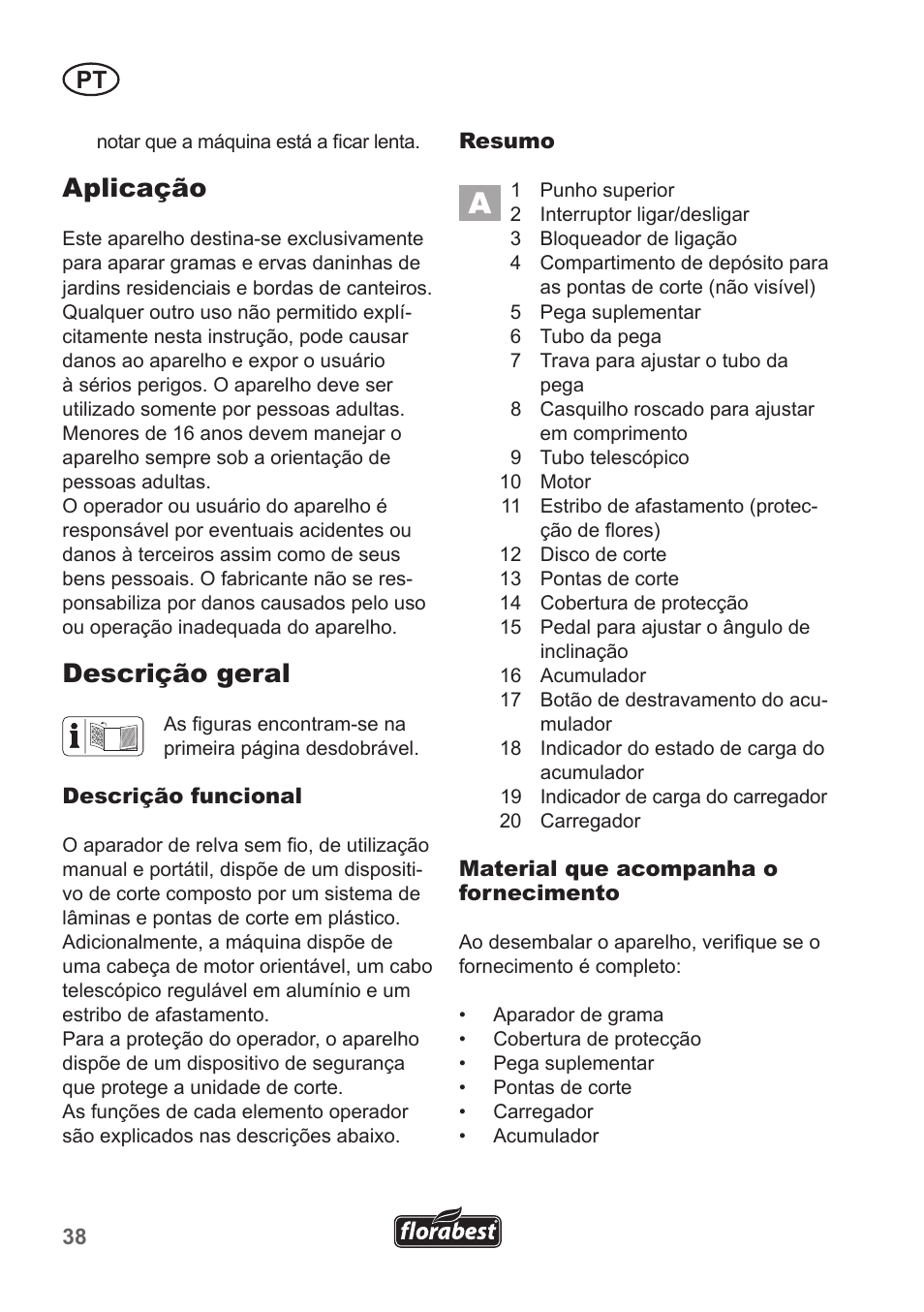Aplicação, Descrição geral | Florabest FRT 18 A1 User Manual | Page 38 / 78