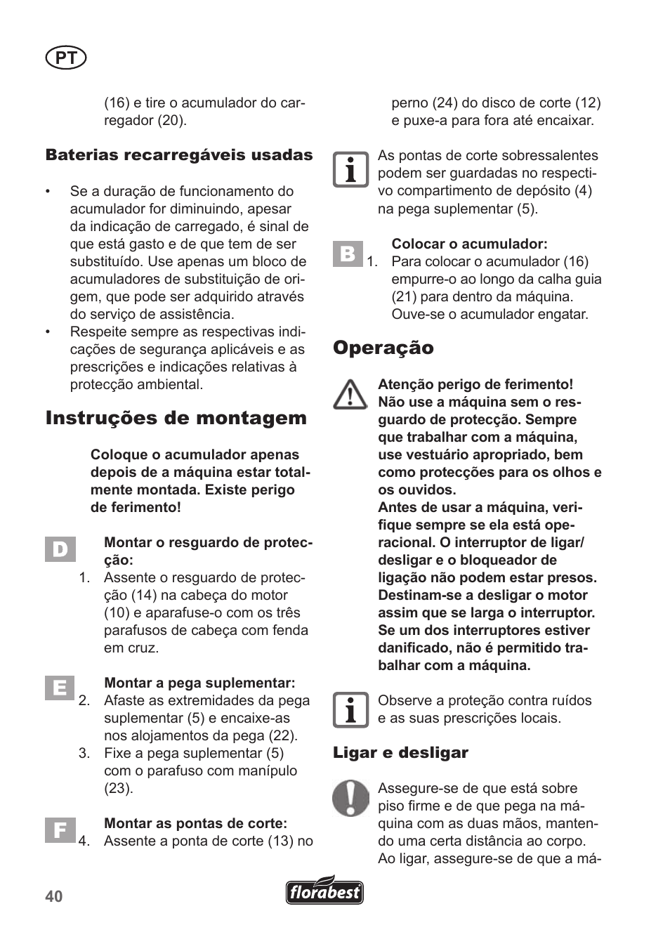 Instruções de montagem, Operação | Florabest FRT 18 A1 User Manual | Page 40 / 78