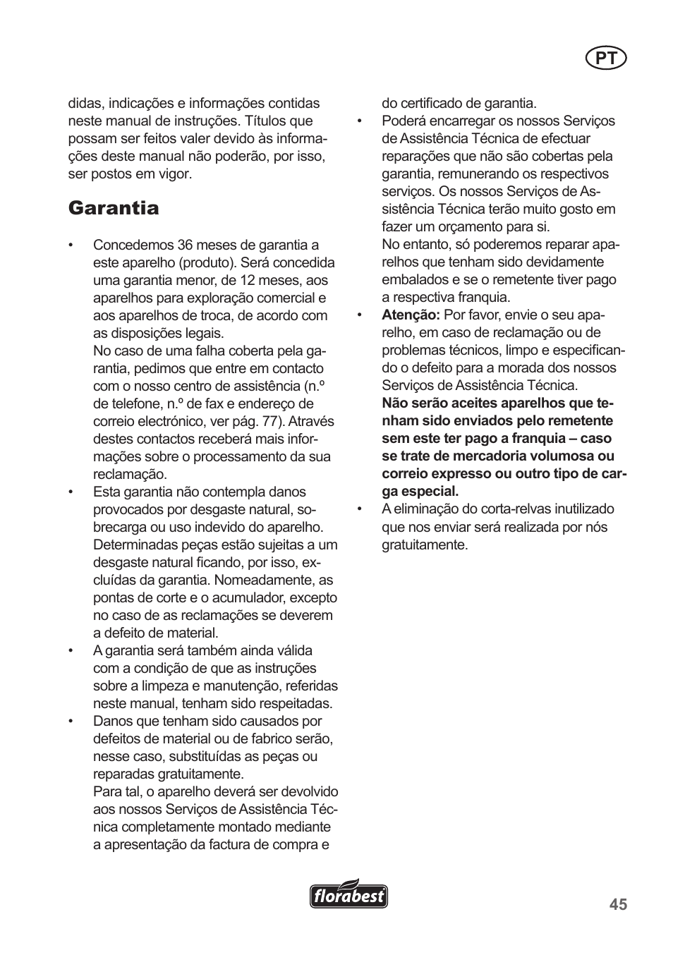 Garantia | Florabest FRT 18 A1 User Manual | Page 45 / 78
