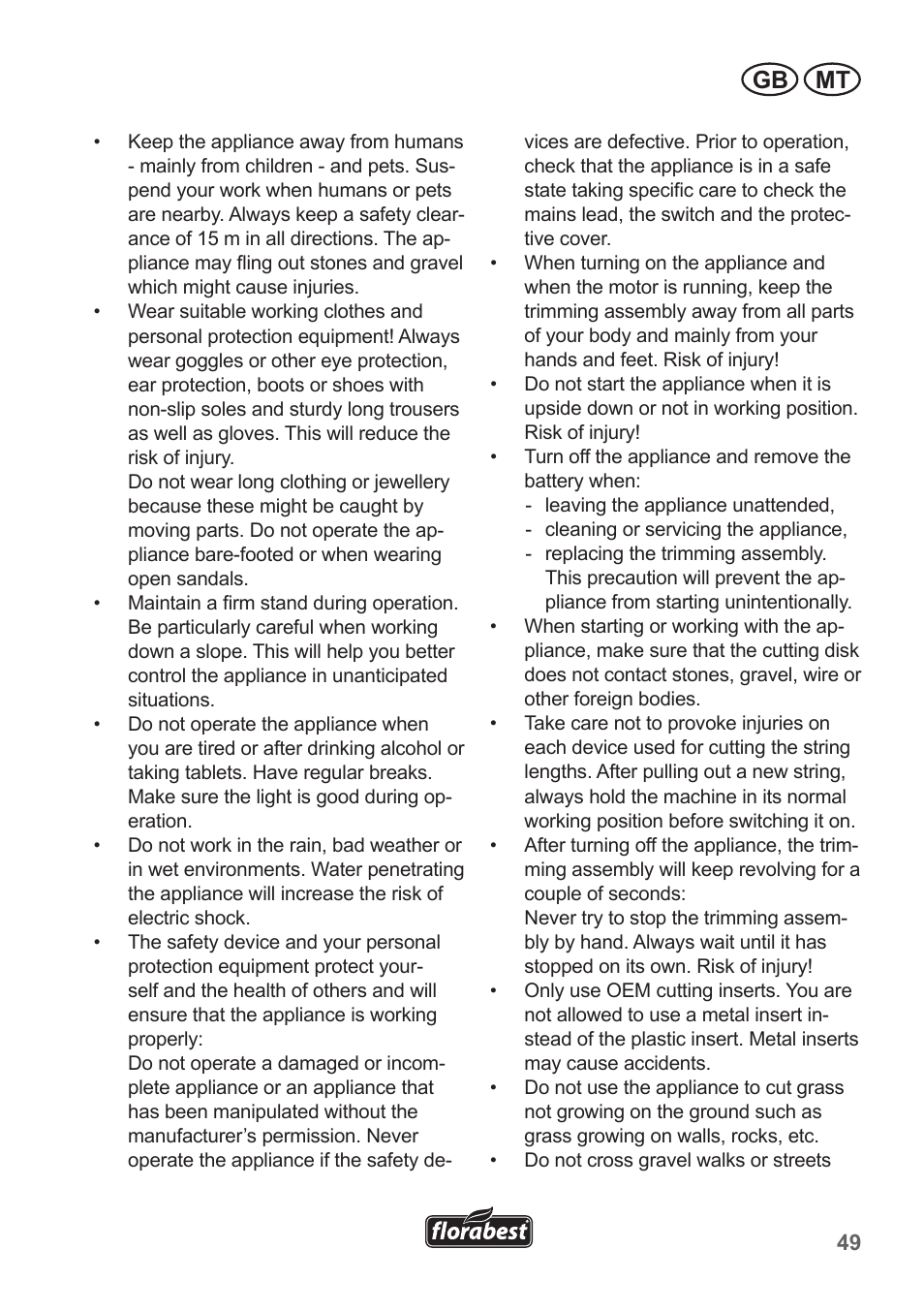Gb mt | Florabest FRT 18 A1 User Manual | Page 49 / 78