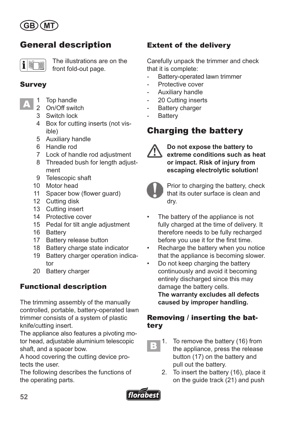 General description, Charging the battery, Gb mt | Florabest FRT 18 A1 User Manual | Page 52 / 78