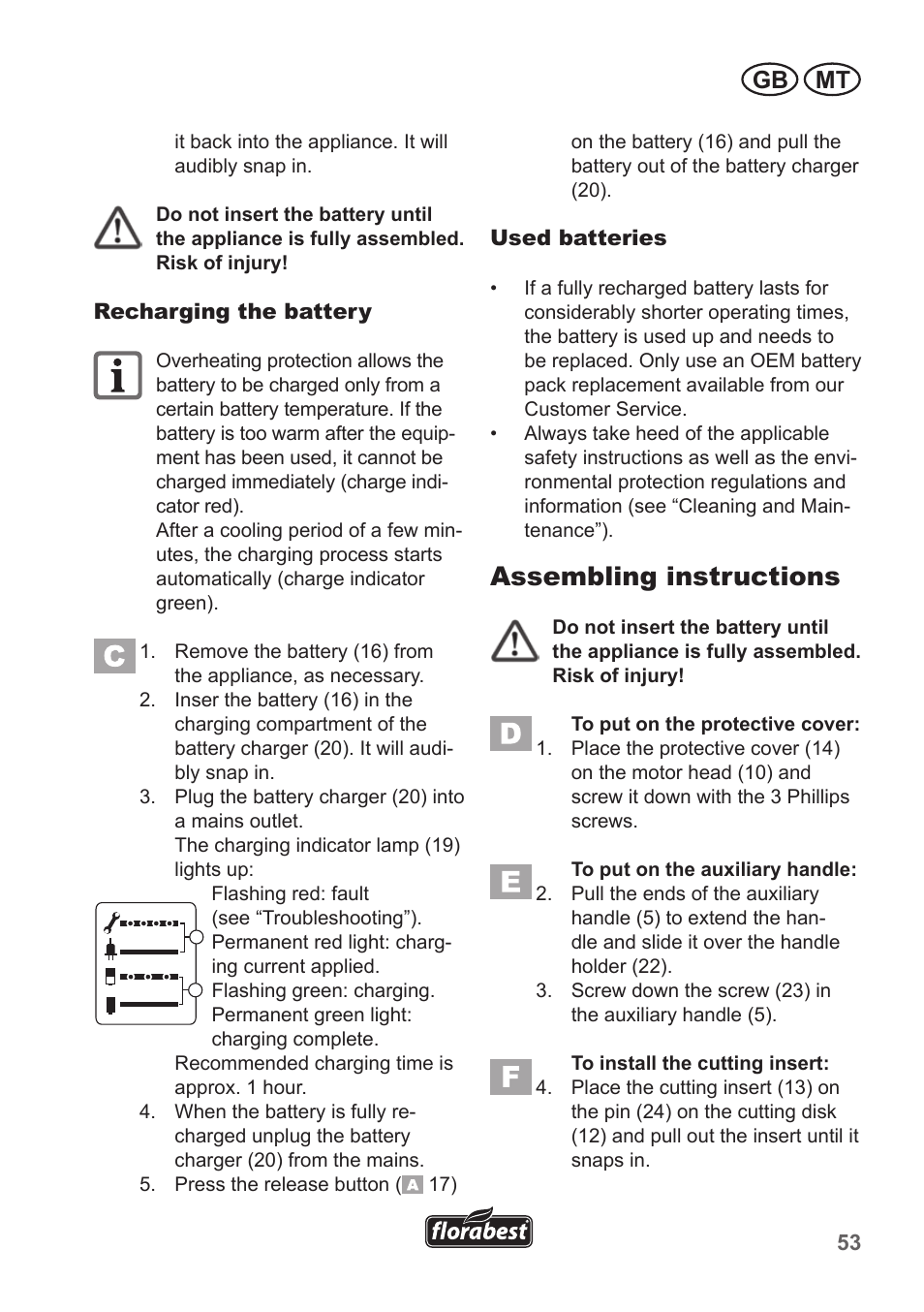 Assembling instructions, Gb mt | Florabest FRT 18 A1 User Manual | Page 53 / 78