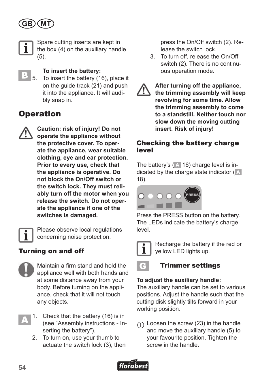 Operation, Gb mt | Florabest FRT 18 A1 User Manual | Page 54 / 78