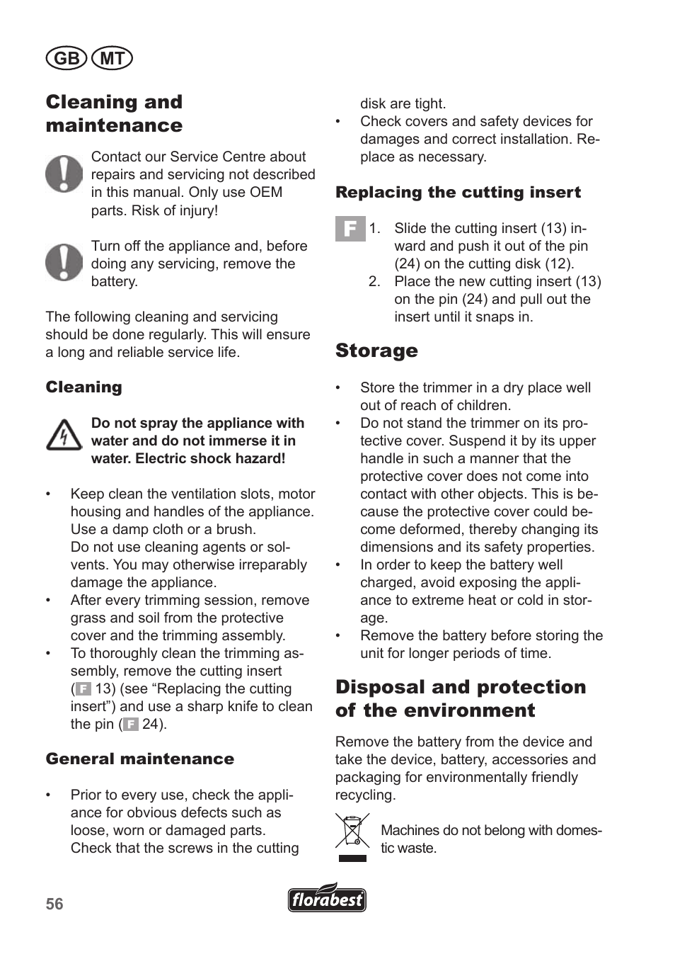 Storage, Disposal and protection of the environment, Cleaning and maintenance | Gb mt | Florabest FRT 18 A1 User Manual | Page 56 / 78
