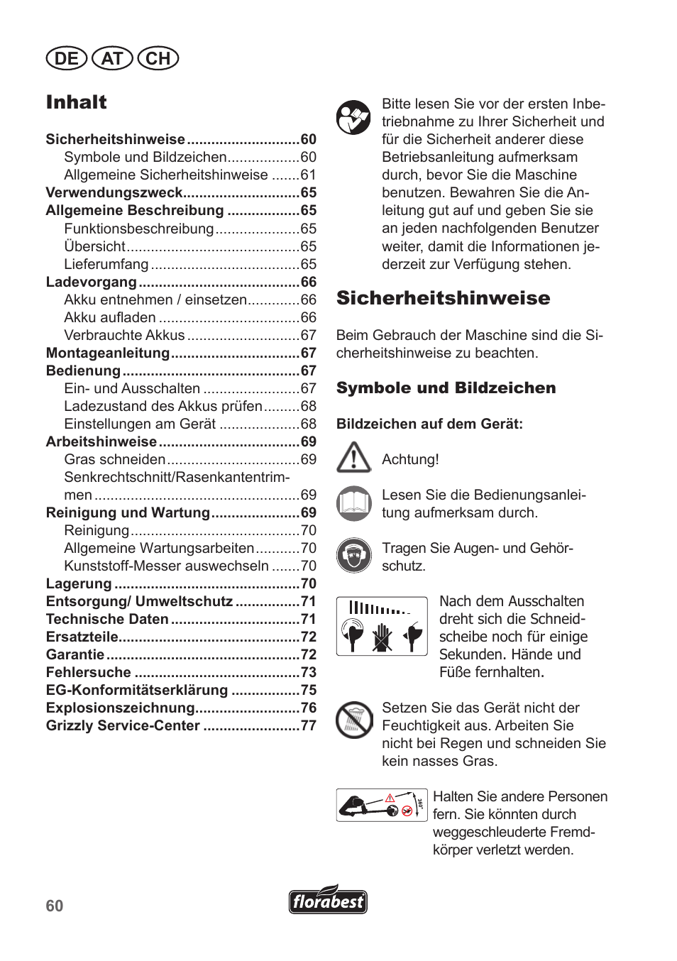 Inhalt, Sicherheitshinweise, De at ch | Florabest FRT 18 A1 User Manual | Page 60 / 78