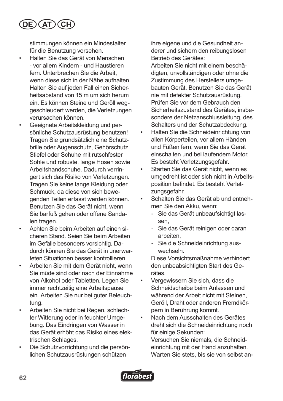 De at ch | Florabest FRT 18 A1 User Manual | Page 62 / 78