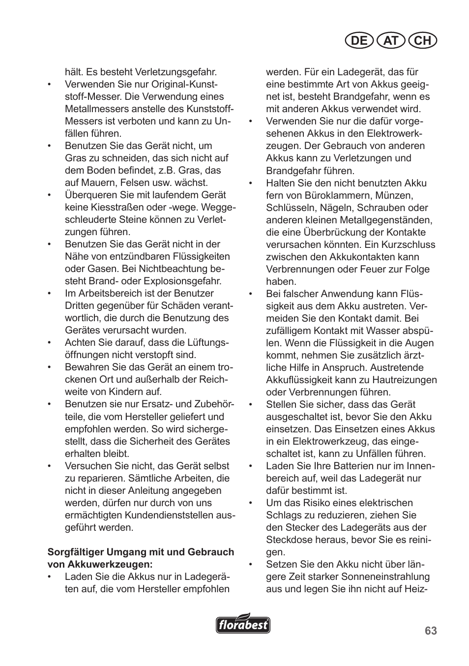 De at ch | Florabest FRT 18 A1 User Manual | Page 63 / 78
