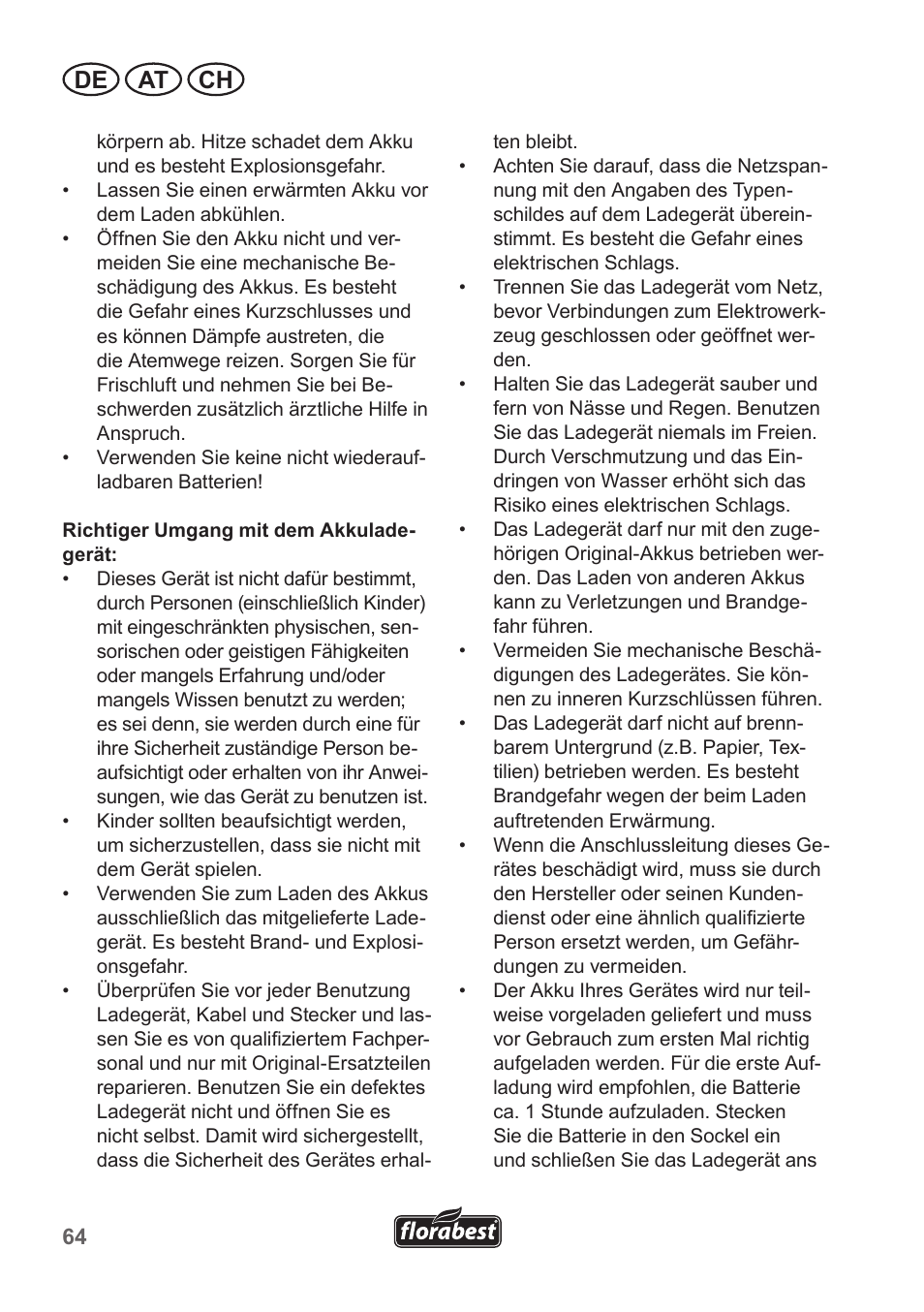 De at ch | Florabest FRT 18 A1 User Manual | Page 64 / 78