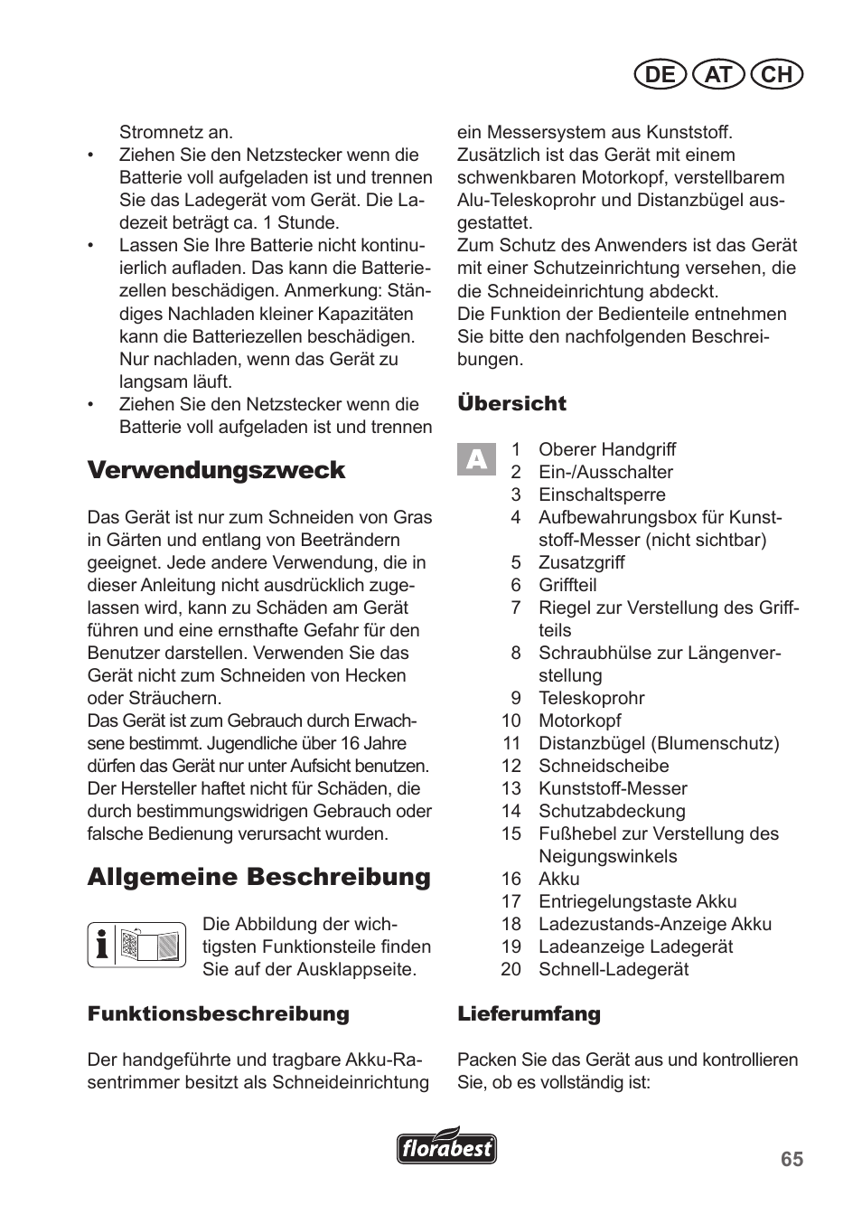 Verwendungszweck, Allgemeine beschreibung, De at ch | Florabest FRT 18 A1 User Manual | Page 65 / 78