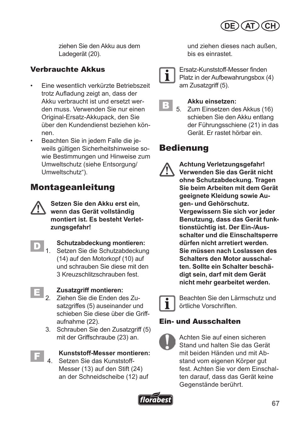 Montageanleitung, Bedienung, De at ch | Florabest FRT 18 A1 User Manual | Page 67 / 78