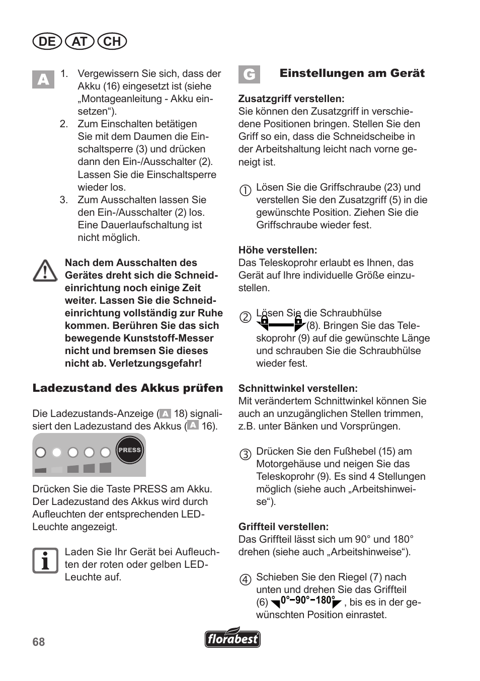 De at ch | Florabest FRT 18 A1 User Manual | Page 68 / 78
