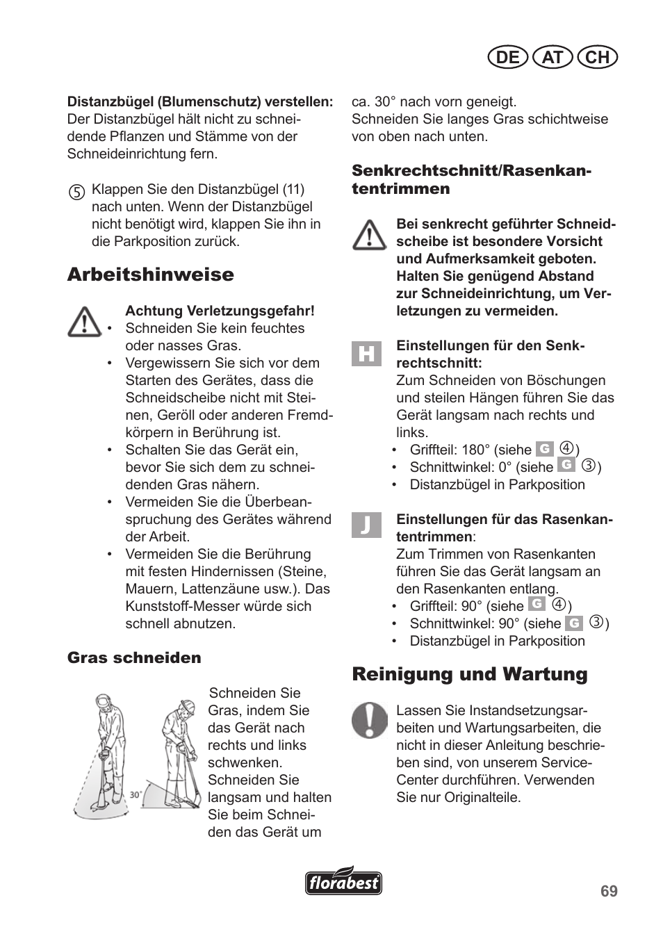 Arbeitshinweise, Reinigung und wartung, De at ch | Florabest FRT 18 A1 User Manual | Page 69 / 78