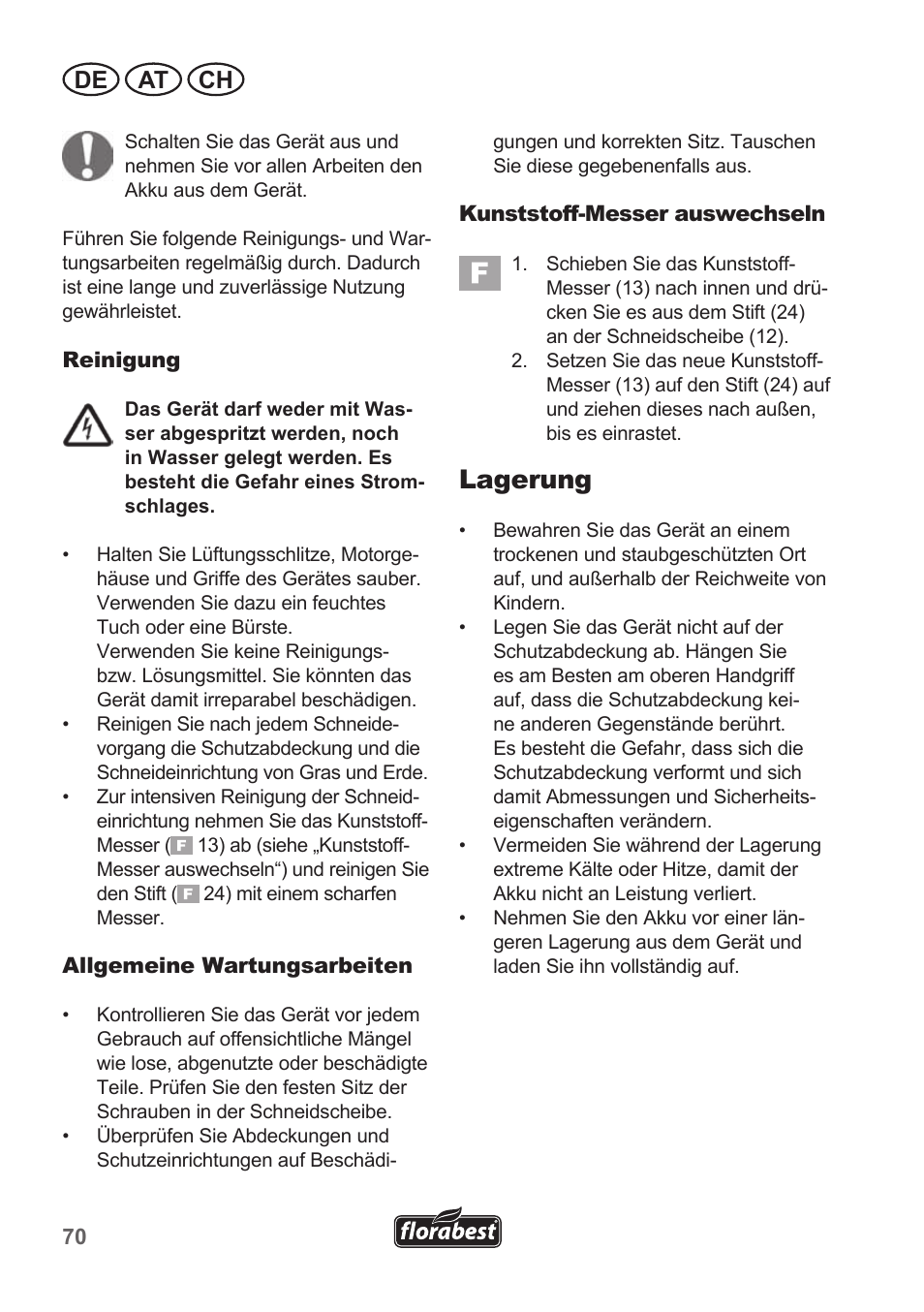 Lagerung, De at ch | Florabest FRT 18 A1 User Manual | Page 70 / 78