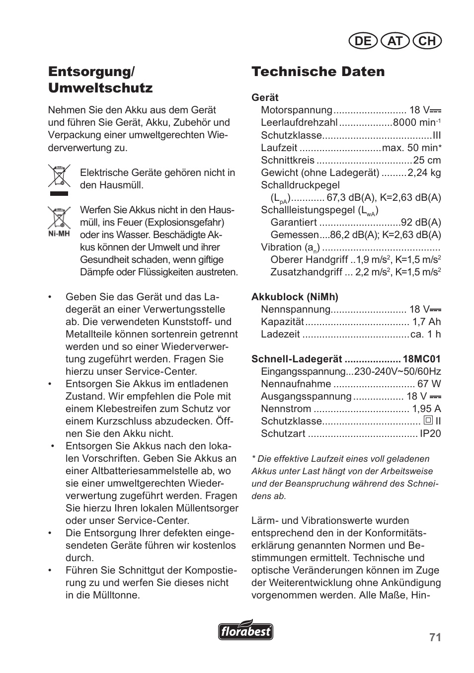 Entsorgung/ umweltschutz, Technische daten, De at ch | Florabest FRT 18 A1 User Manual | Page 71 / 78