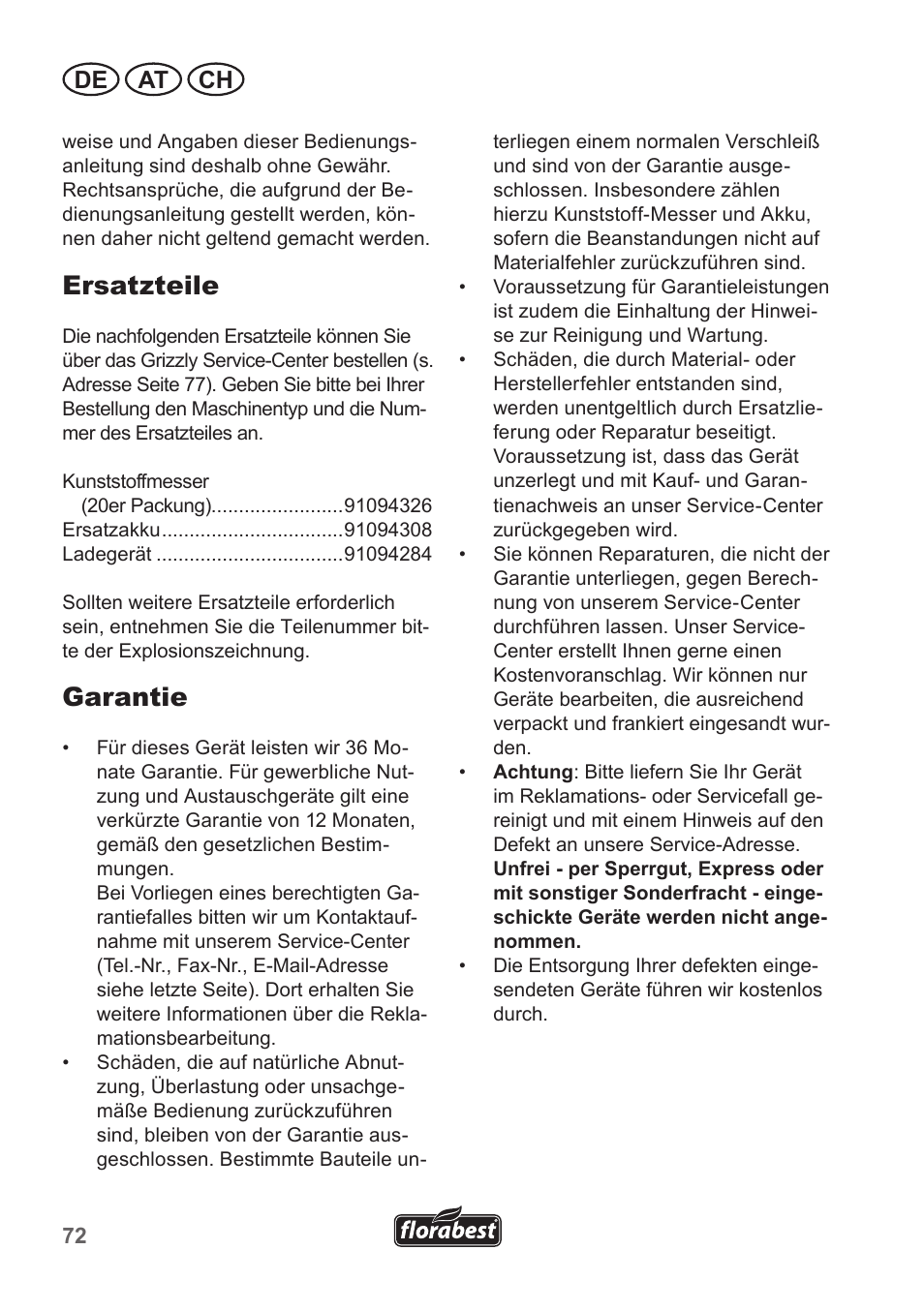 Ersatzteile, Garantie, De at ch | Florabest FRT 18 A1 User Manual | Page 72 / 78