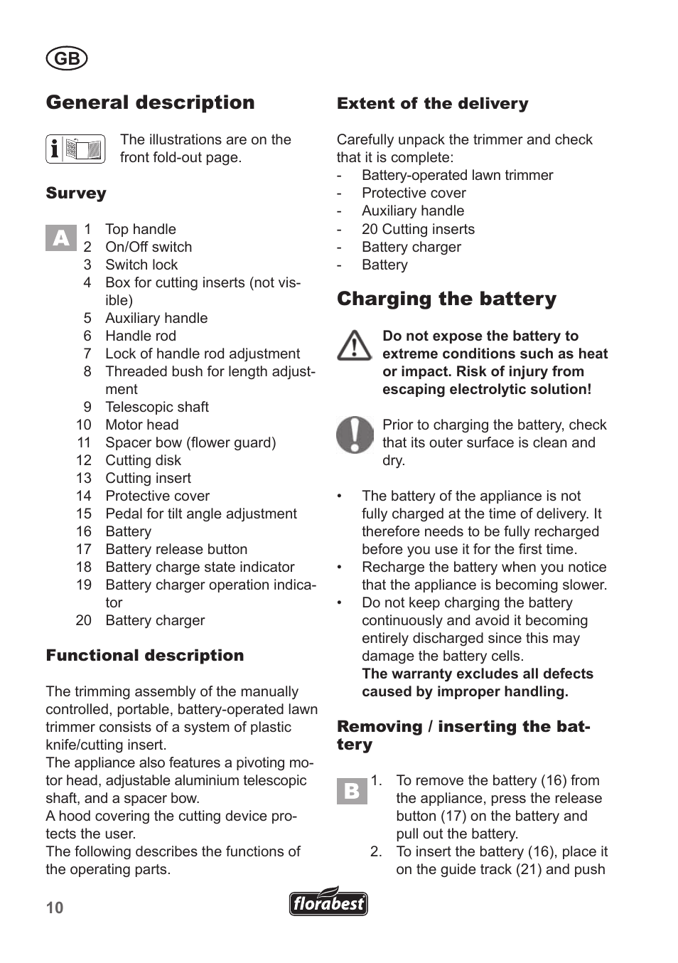 General description, Charging the battery | Florabest FRT 18 A1 User Manual | Page 10 / 106