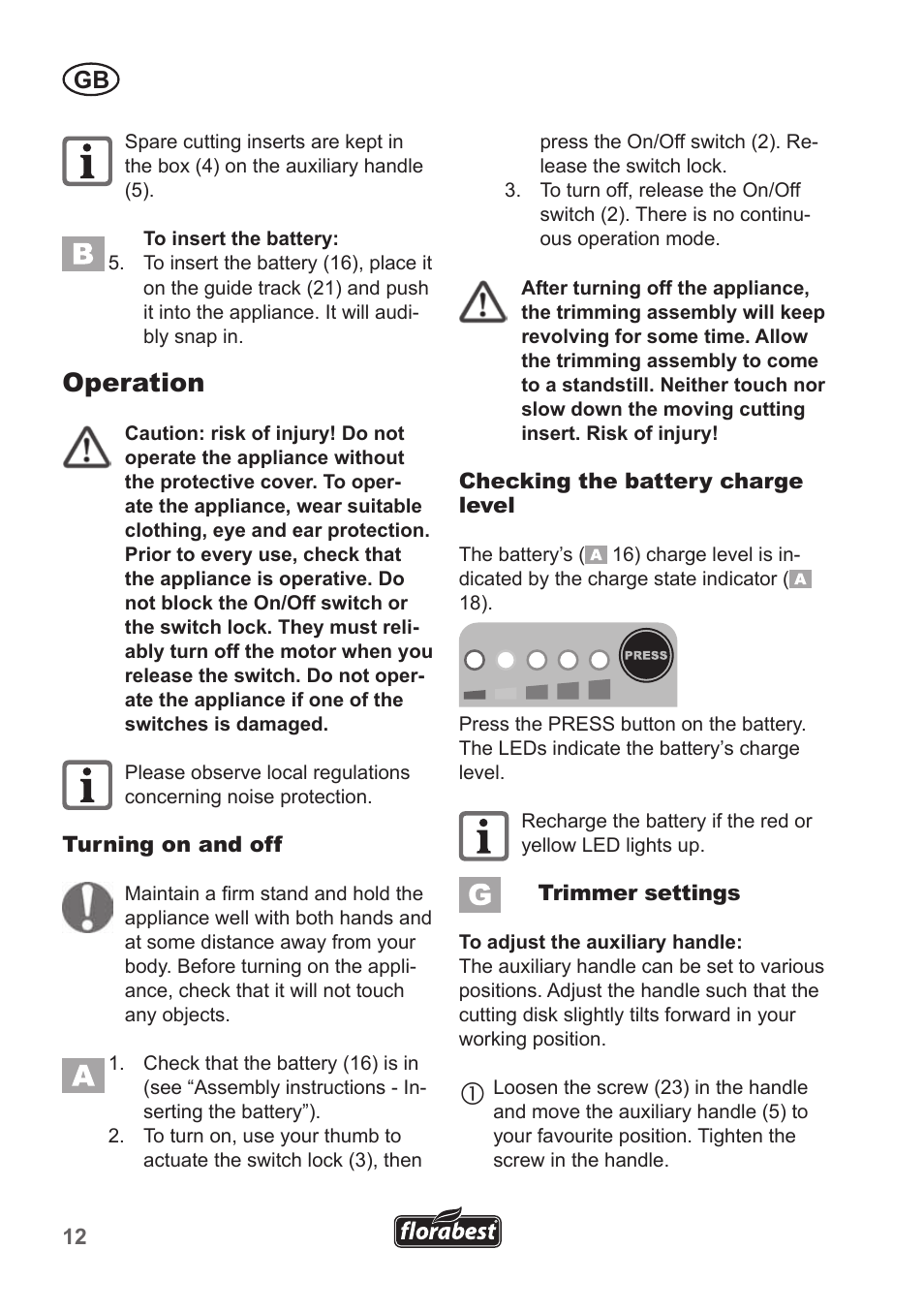 Operation | Florabest FRT 18 A1 User Manual | Page 12 / 106