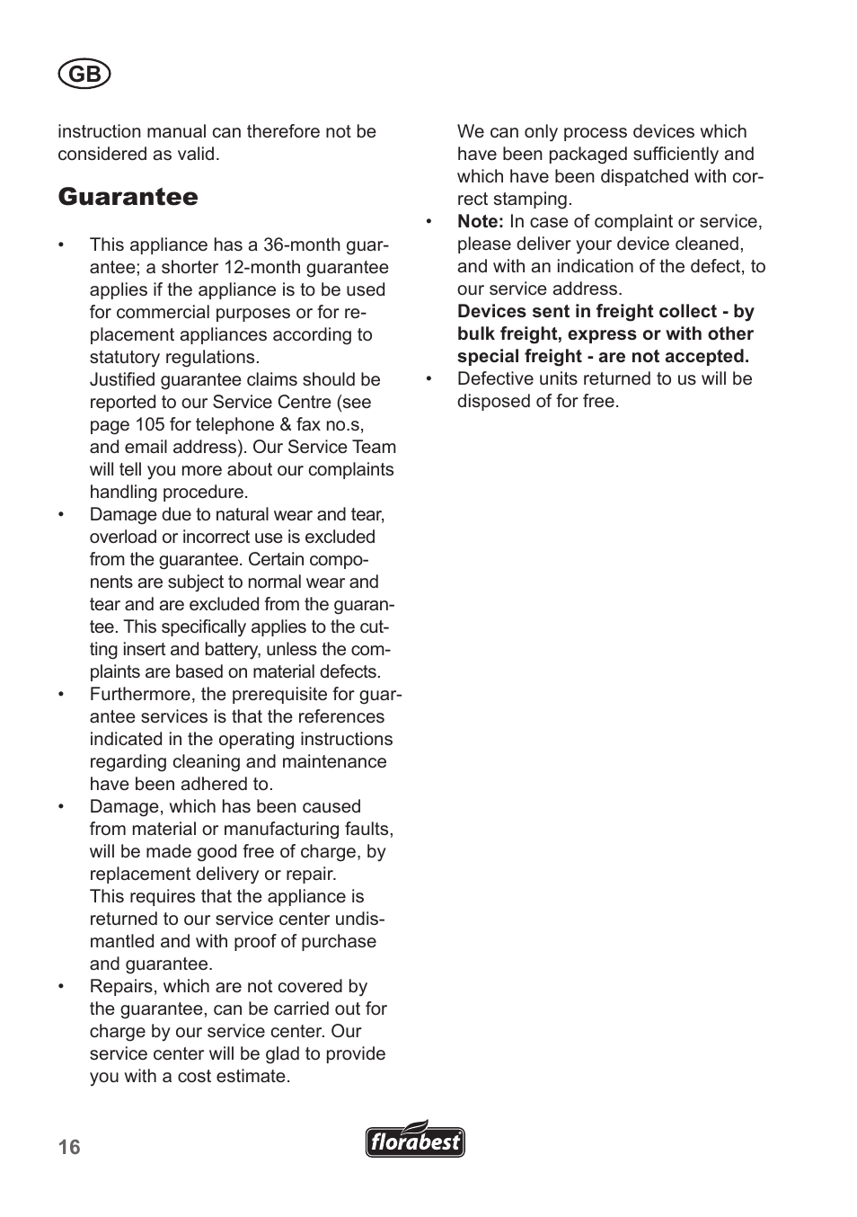 Guarantee | Florabest FRT 18 A1 User Manual | Page 16 / 106