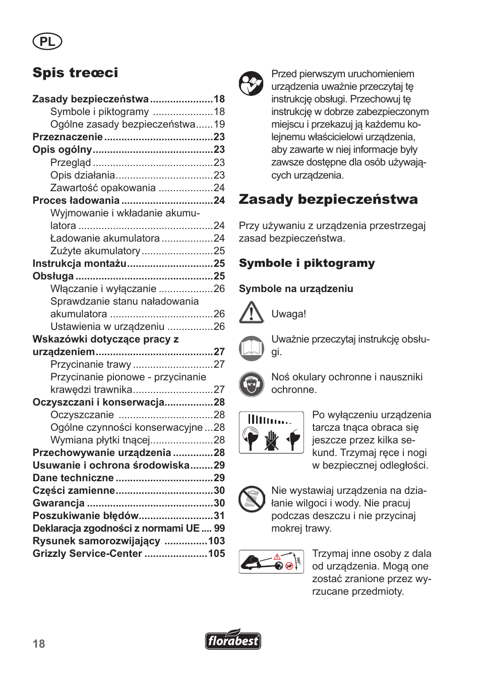Spis treœci, Zasady bezpieczeństwa | Florabest FRT 18 A1 User Manual | Page 18 / 106