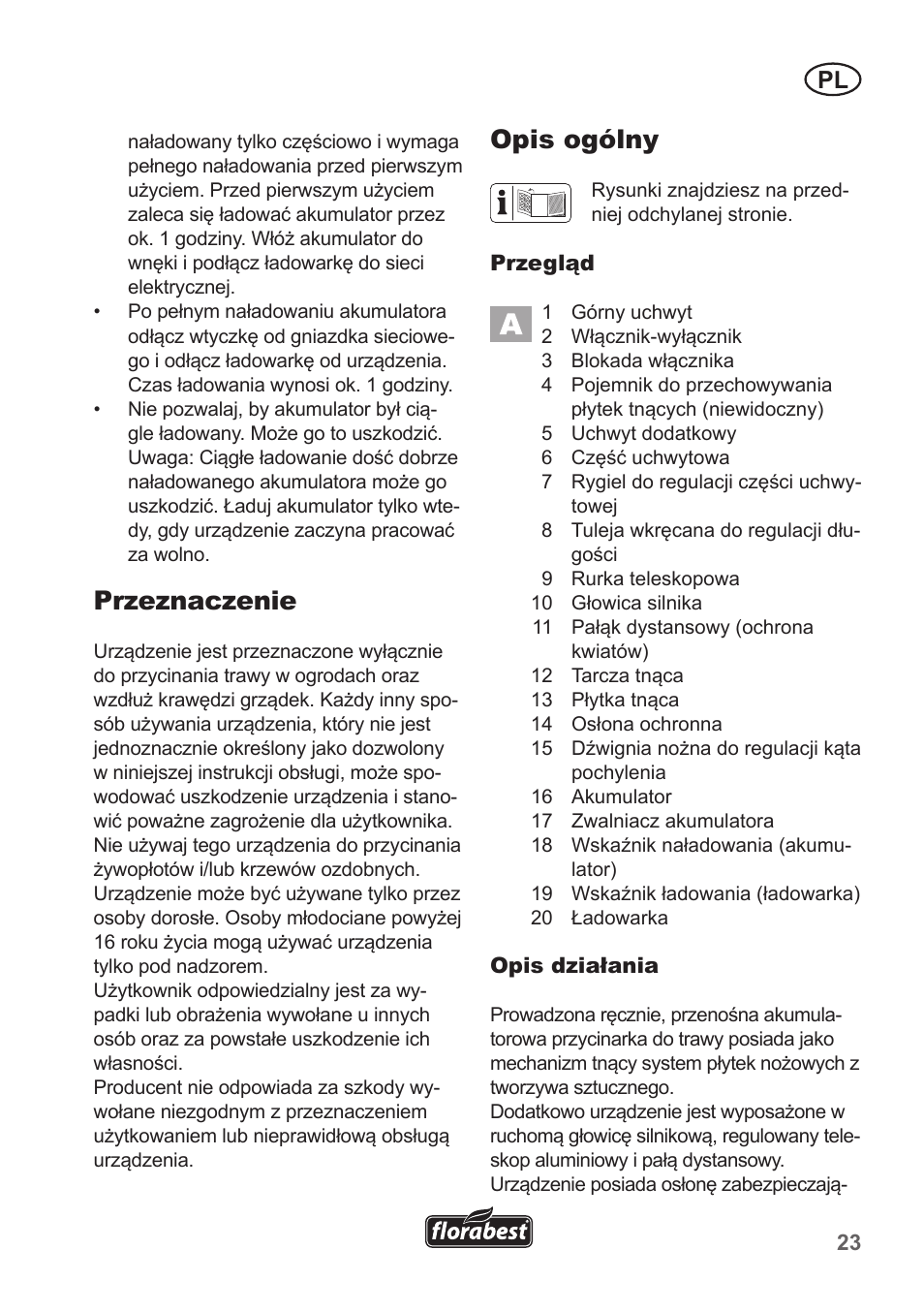 Przeznaczenie, Opis ogólny | Florabest FRT 18 A1 User Manual | Page 23 / 106